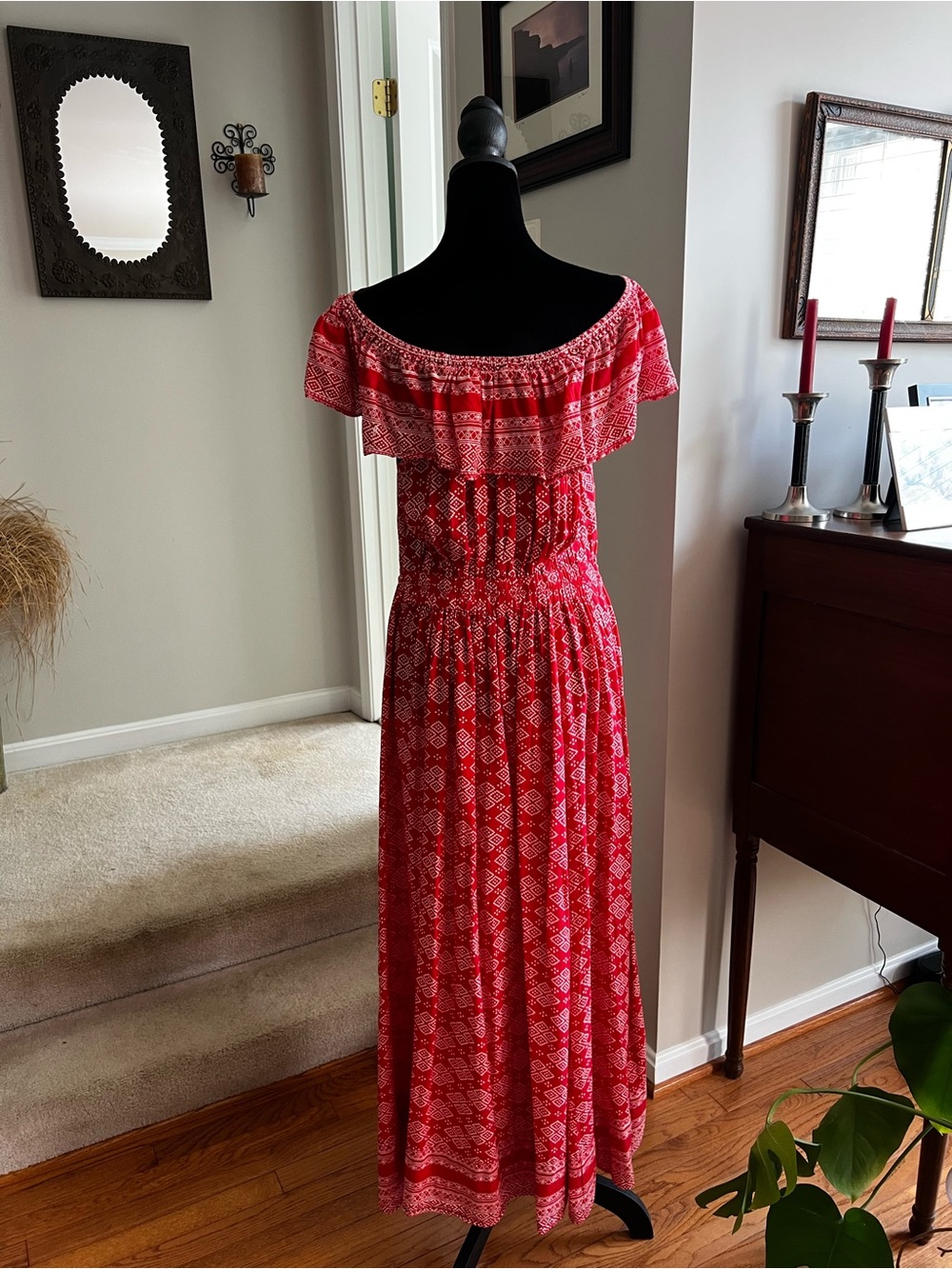 Talisman Red Geometric Off Shoulder Ruffle Boho Maxi Dress Size Small - Picture 3 of 14